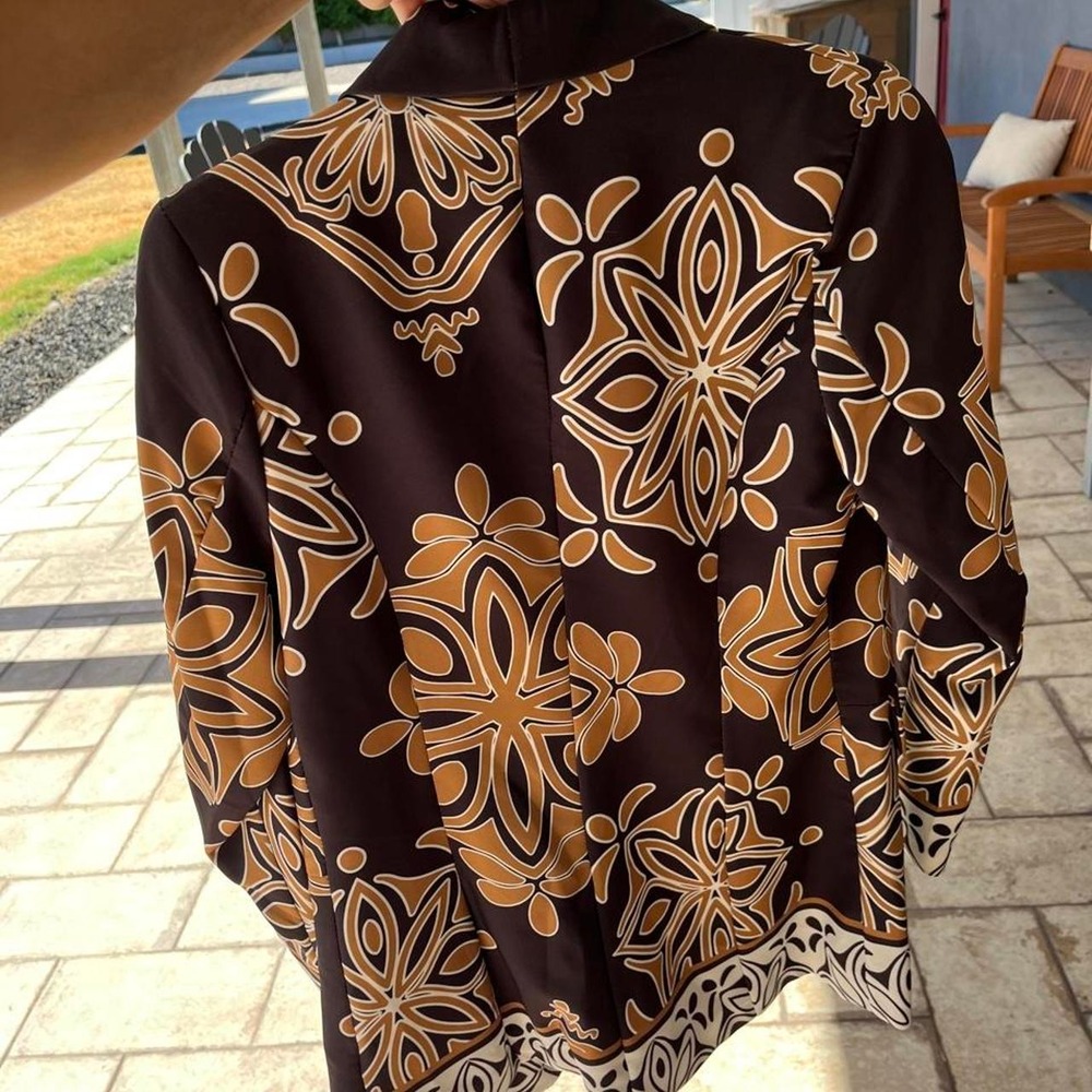 Venti6 Statement Blazer Brown Camel Medallion Floral Open Front Boho
